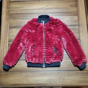 Mia New York Girls Full Zip Faux Fur Maroon Coat - Size Small